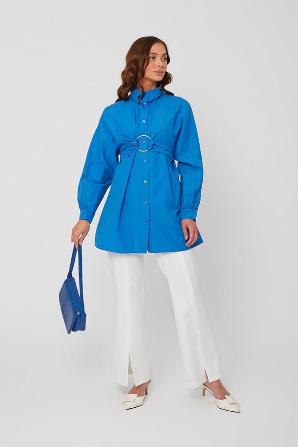 Thinner Poplin Yaka Detaylı Gömlek - saks mavisi