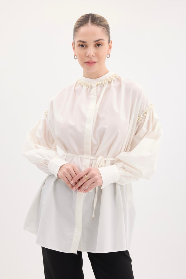 Tilda Kol İnci Detaylı Gömlek - Beyaz