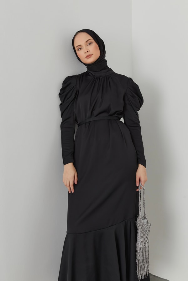 Vanes Kolları Fermuarlı Saten Elbise - Siyah