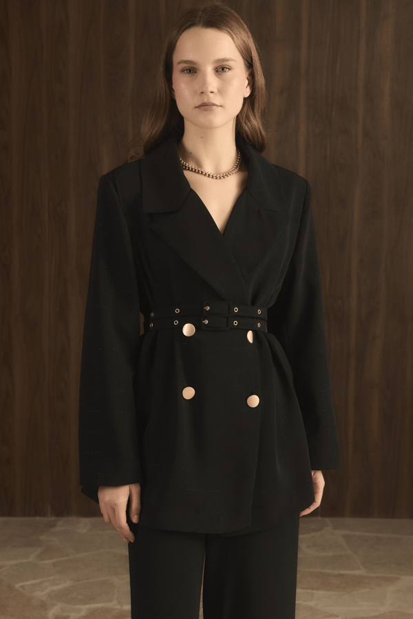 Veranka Kemerli  Blazer Ceket Takım - Siyah