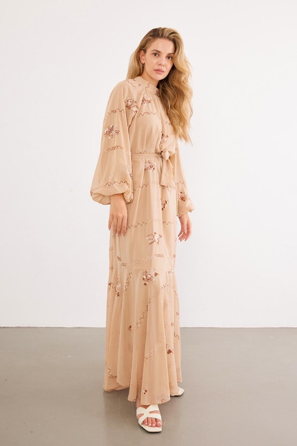 Vilyana Şifon Detaylı Elbise - Camel