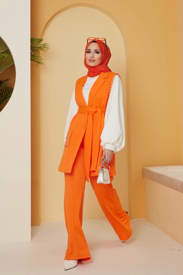 Viyana Taşlı Yelek Takım - Oranj
