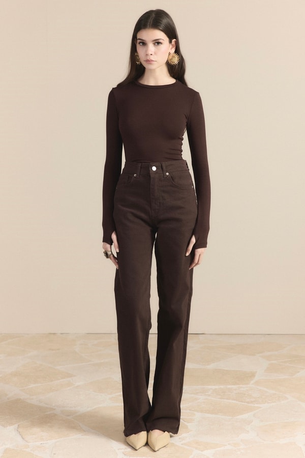 Yüksek Bel Straight Kot Pantolon - Kahve