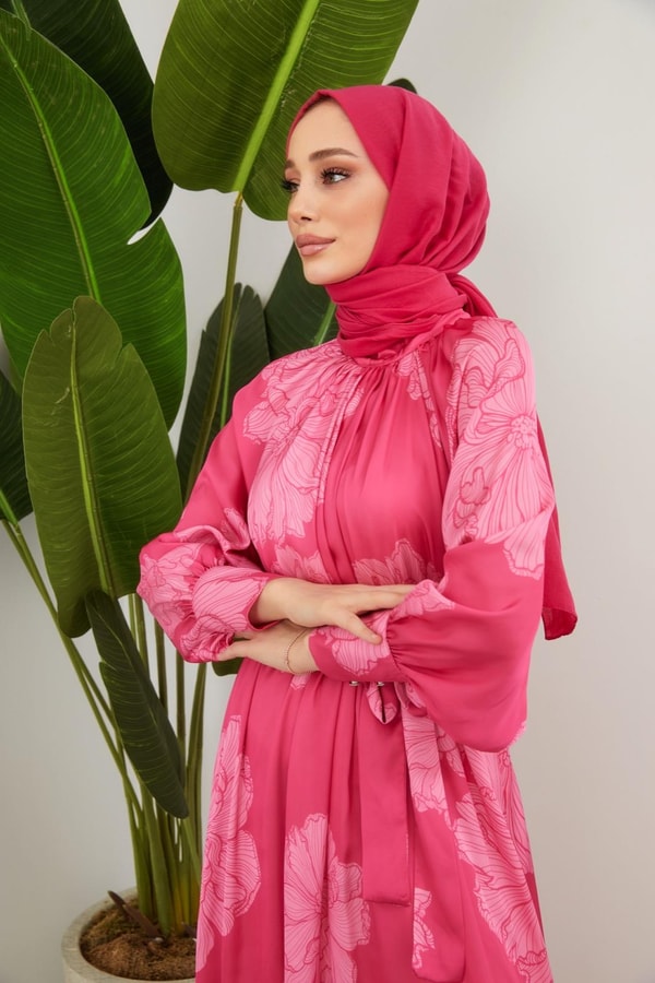 Zelina Saten Desenli Elbise - Fuşya