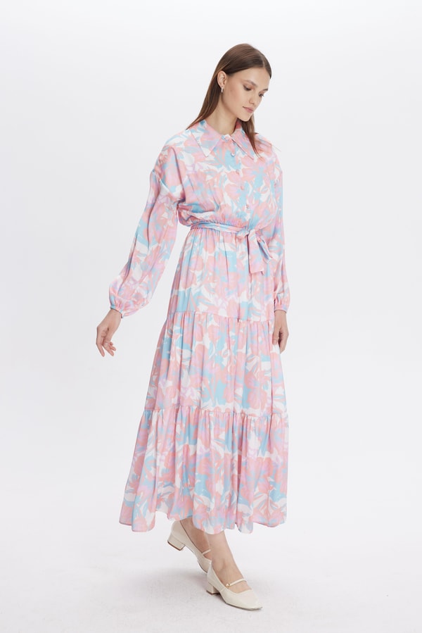 Zemila Desenli Saten Elbise - Pembe