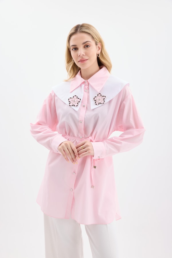 Zenna Çiçek Detay Yakalı Gömlek - Pembe