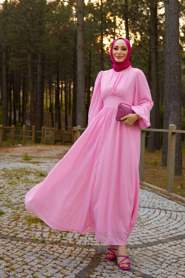 Zikzak Desenli Elbise - Pembe