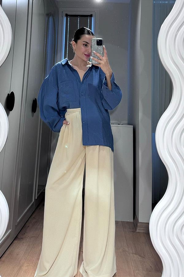  Anika Tensel Kumaş Oversize Gömlek-Mavi
