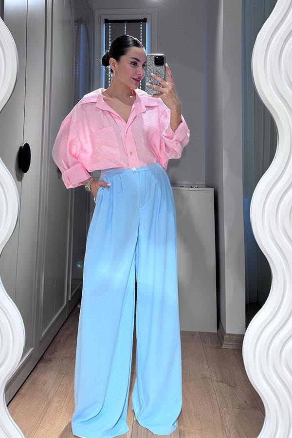  Anika Tensel Kumaş Oversize Gömlek-Pudra Pembe