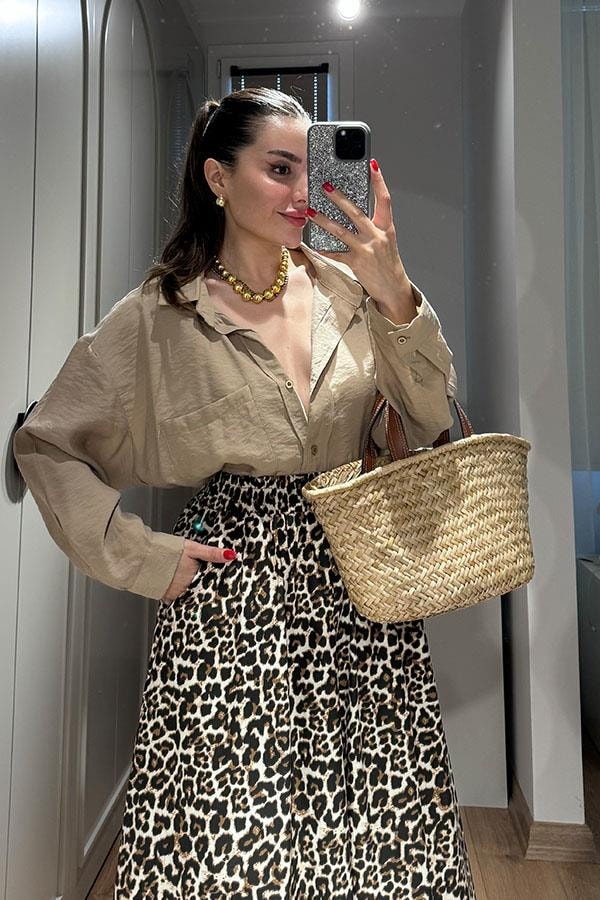  Anika Tensel Kumaş Oversize Gömlek-Vizon