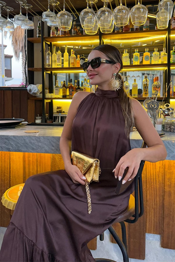 Acı kahve maxi saten elbise