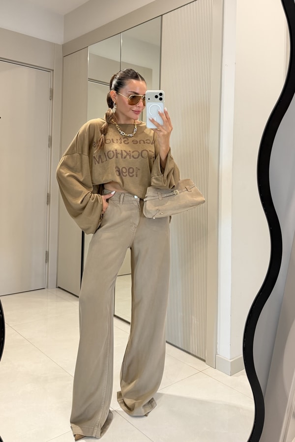 Acne Kahve Baskılı Salaş Uzun Kollu Bluz