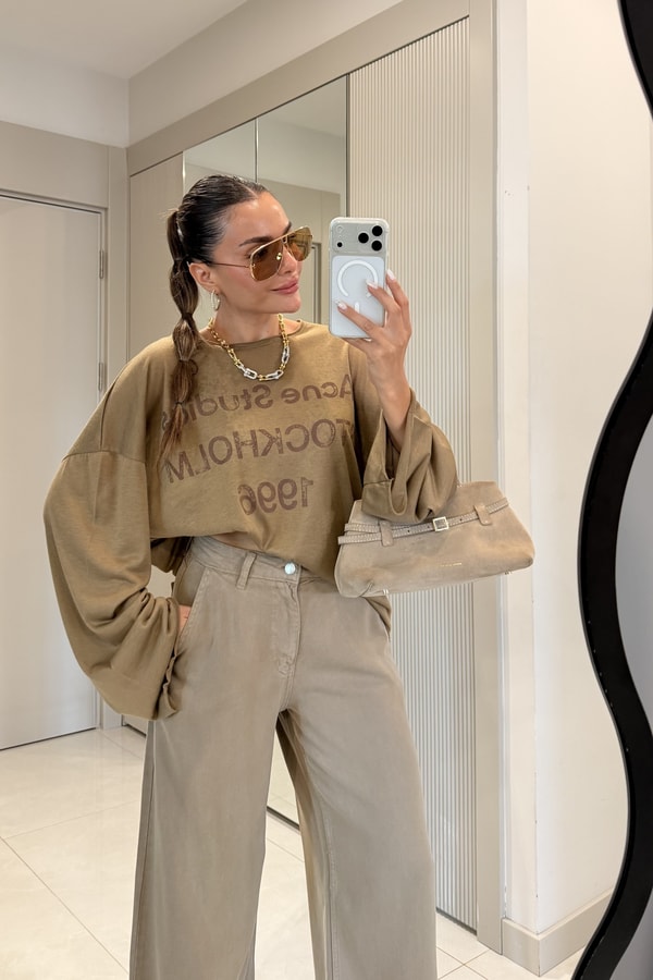 Acne Kahve Baskılı Salaş Uzun Kollu Bluz