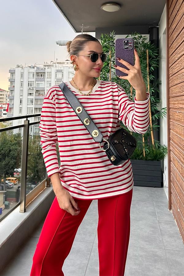 Adalia Kırmızı Beyaz Çizgili Body