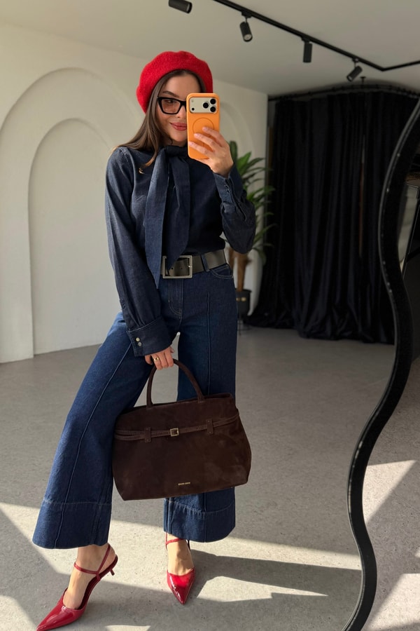 Adore Darkblue Çımalı Geniş Paça Jean