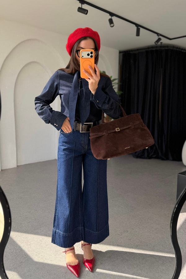Adore Darkblue Çımalı Geniş Paça Jean