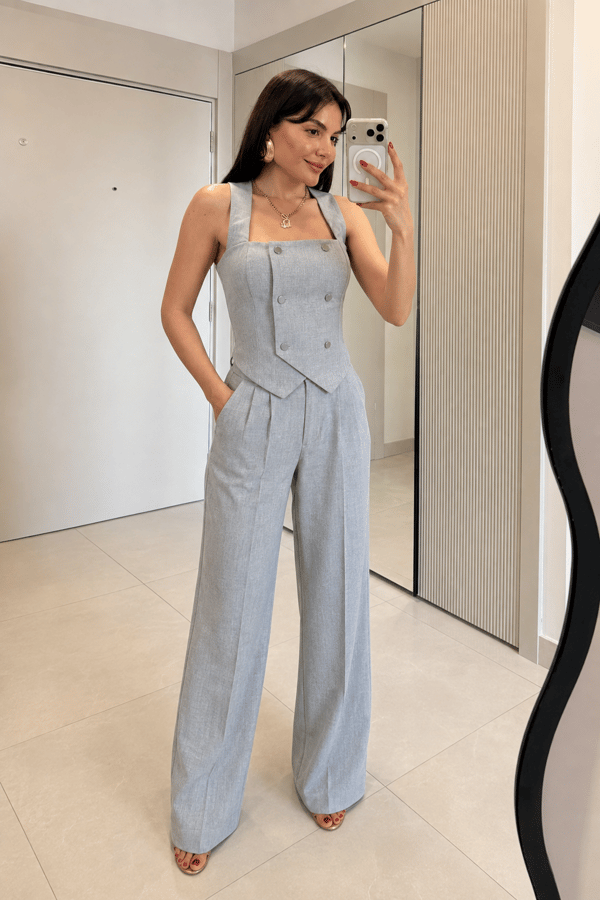 Ailsa Gri Bel Detaylı Yelek Pantolon Takım