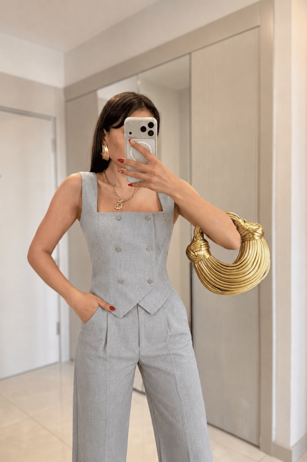Ailsa Gri Bel Detaylı Yelek Pantolon Takım