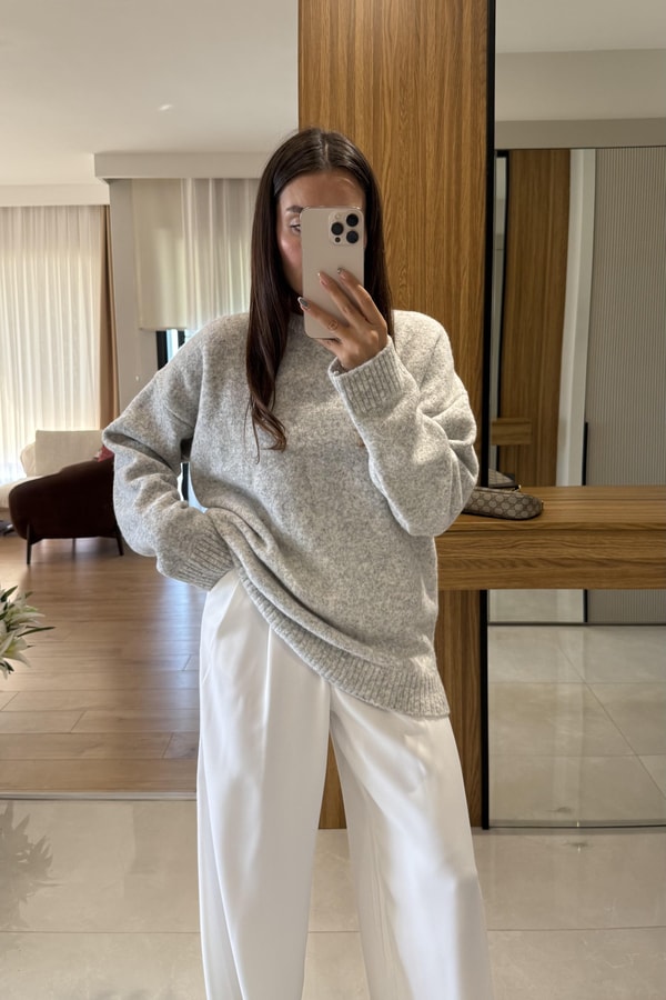 Alesya Gri Premium Dokulu Kazak