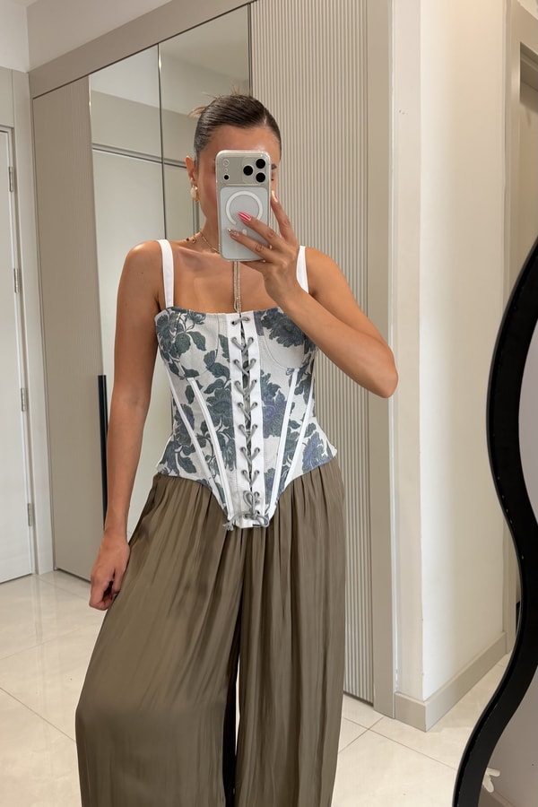 Alexia  Yeşil Vintage Çiçek Baskılı Korse Büstiyer