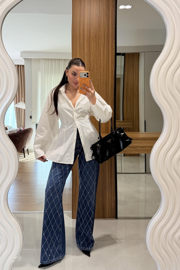 Aleysia Midblue Çapraz Taşlı Lightblue Yıkama Jean