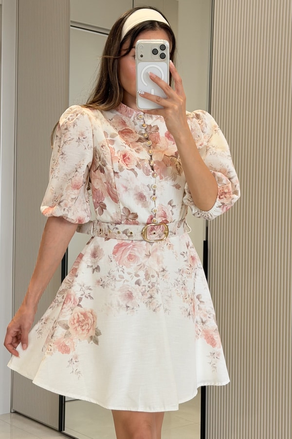 Alice Pembe Çiçek Desen Kemerli Romantik Elbise