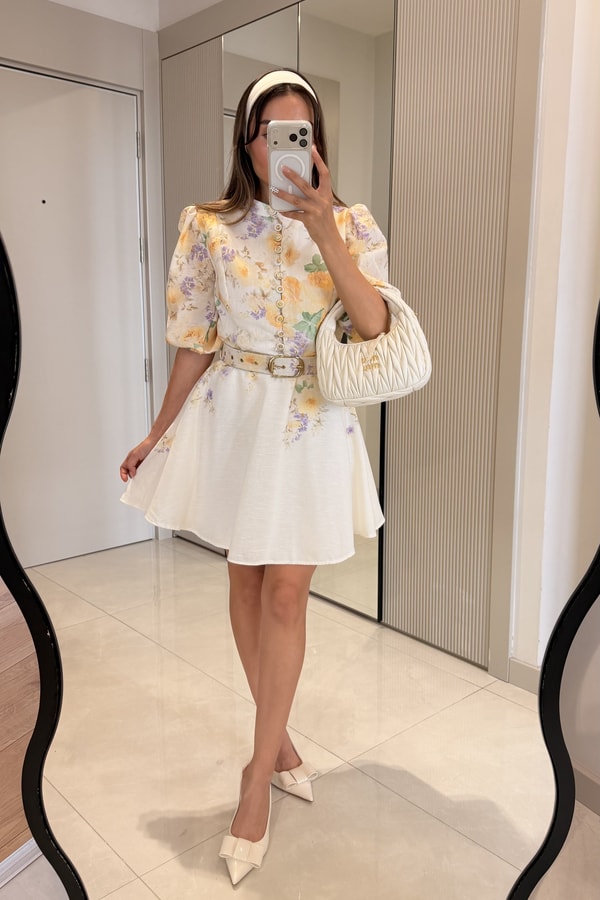 Alice Sarı Çiçek Desen Kemerli Romantik Elbise
