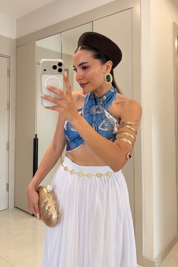 Alisha Mavi Desenli Saten Fular Bluz