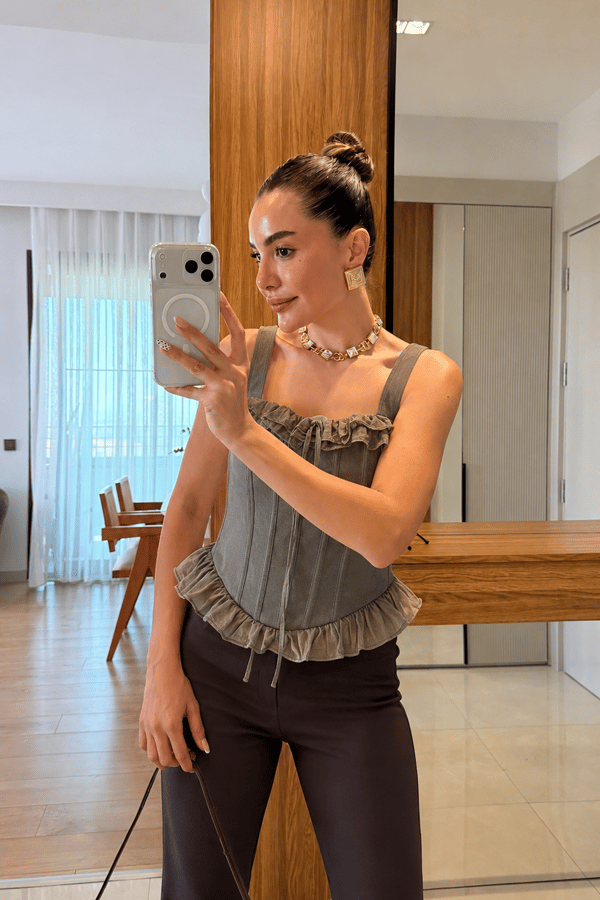 Allwin Haki Fırfır Detaylı Korse Büstiyer 