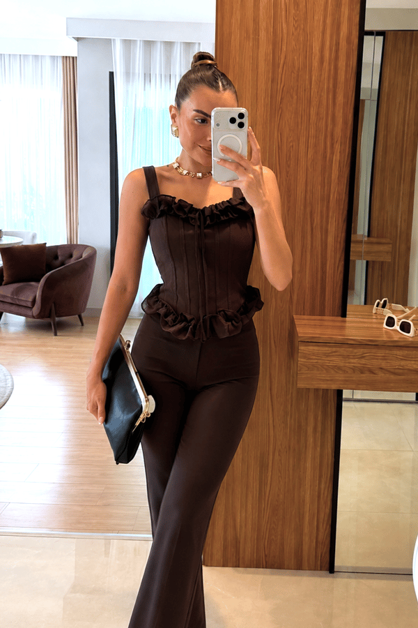 Allwin Kahve Fırfır Detaylı Korse Büstiyer 