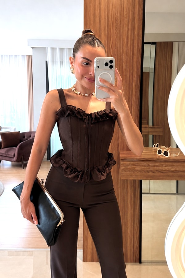 Allwin Kahve Fırfır Detaylı Korse Büstiyer 