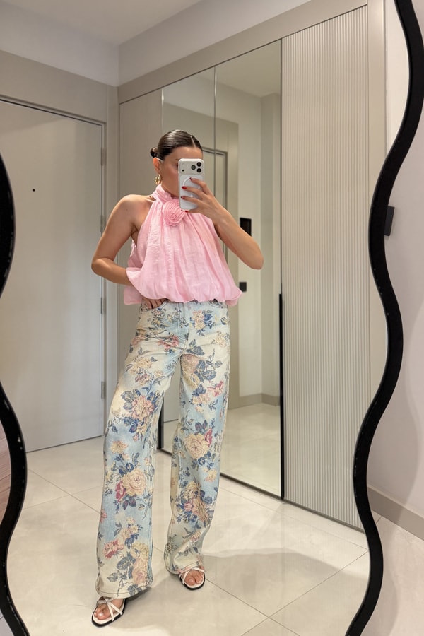 Almeida Bebe Mavi Çiçek Desen Yüksek Bel Jean