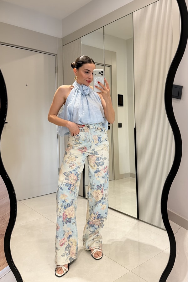Almeida Bebe Mavi Çiçek Desen Yüksek Bel Jean