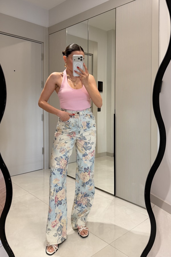 Almeida Bebe Mavi Çiçek Desen Yüksek Bel Jean