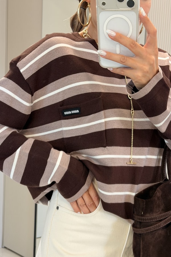 Alondra Kahve Cep Detaylı Oversize Bluz