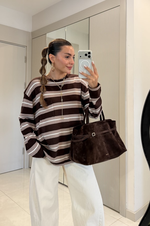 Alondra Kahve Cep Detaylı Oversize Bluz
