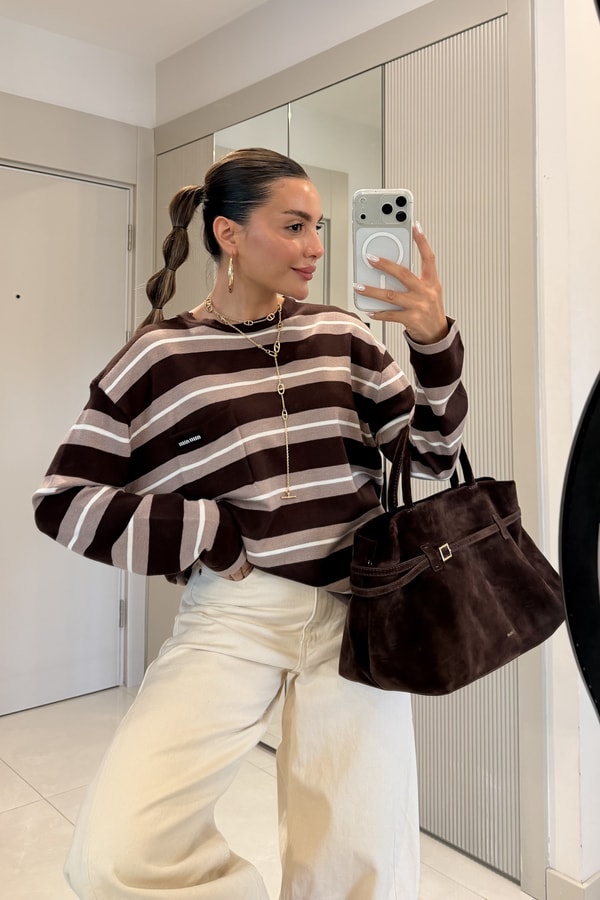 Alondra Kahve Cep Detaylı Oversize Bluz