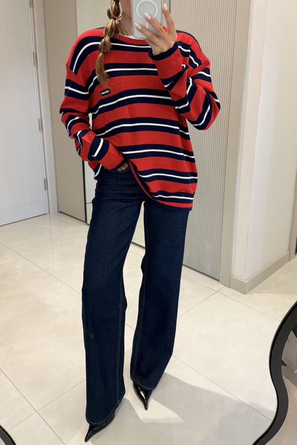Alondra Kırmızı Cep Detaylı Oversize Bluz