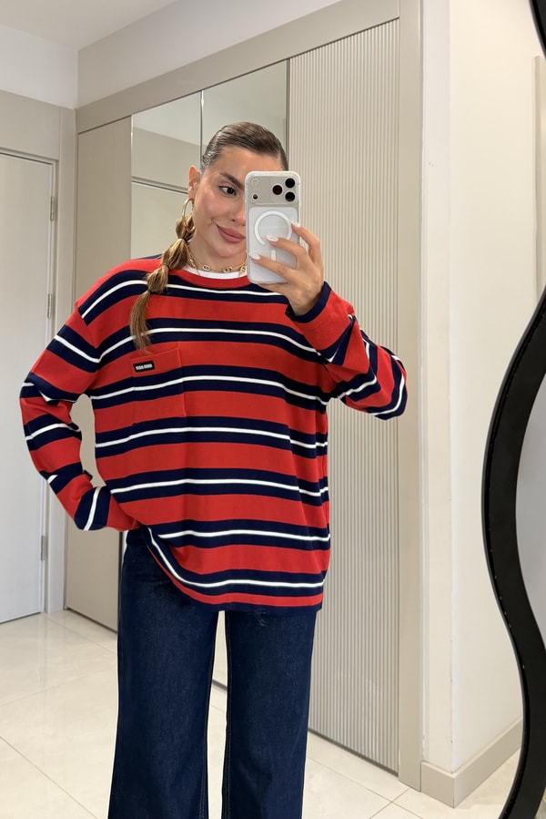 Alondra Kırmızı Cep Detaylı Oversize Bluz