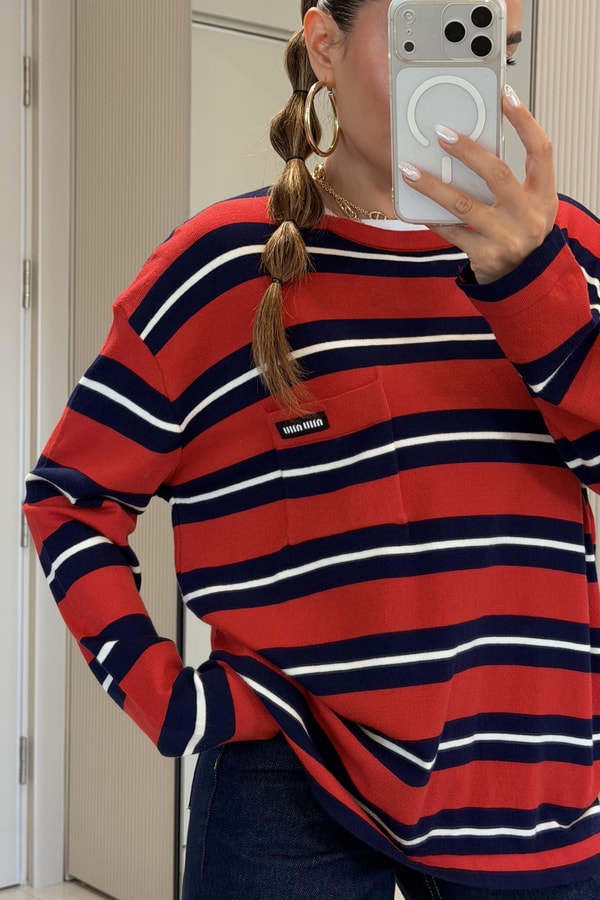 Alondra Kırmızı Cep Detaylı Oversize Bluz