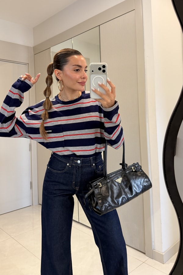 Alondra Lacivert Cep Detaylı Oversize Bluz
