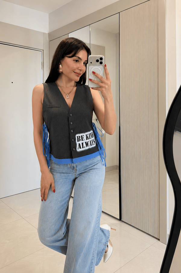Always Antrasit Yazı Detaylı Yelek