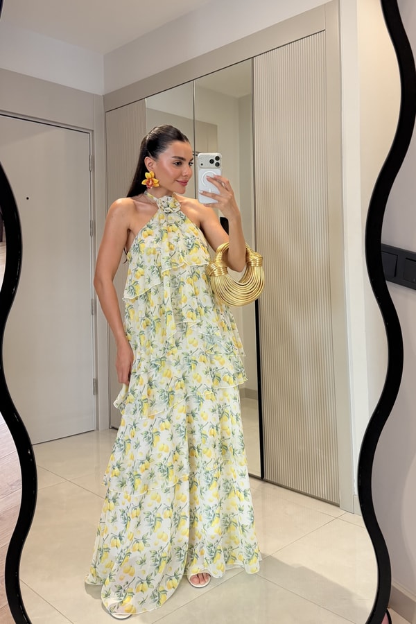 Amalfi Sarı Limon Desen Kat Kat Elbise