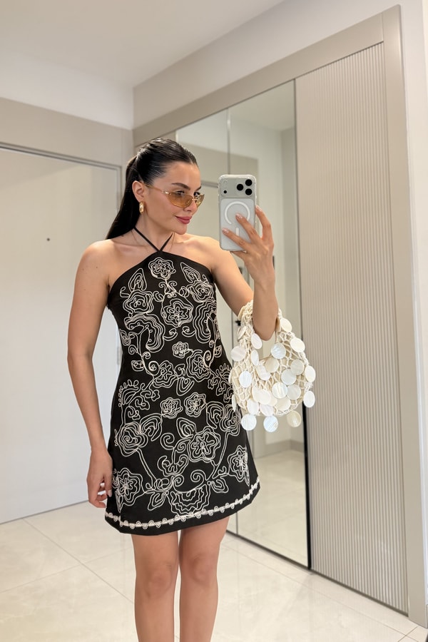 Amanda Kahve Nakışlı Premium Elbise