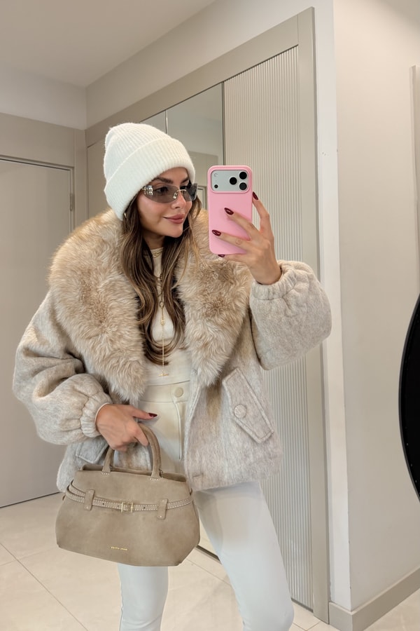 Ambra Ekru Kürk Yaka Detaylı Premium Mont 