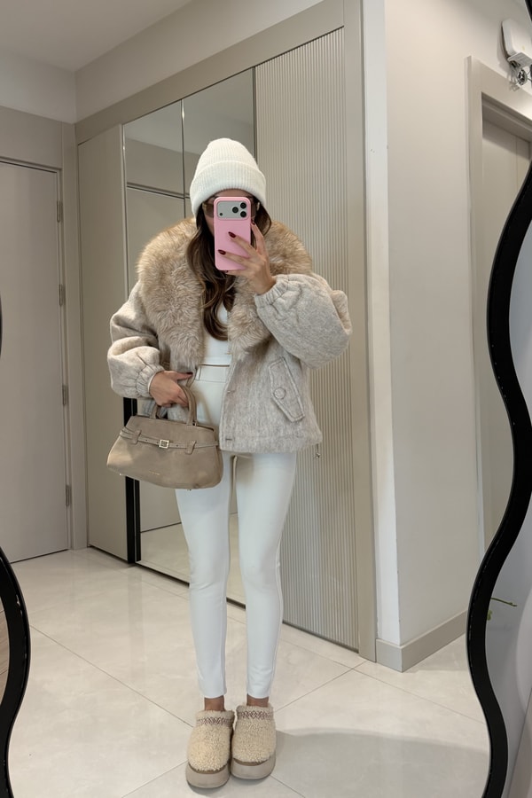 Ambra Ekru Kürk Yaka Detaylı Premium Mont 