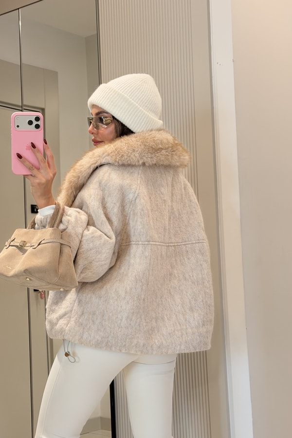 Ambra Ekru Kürk Yaka Detaylı Premium Mont 