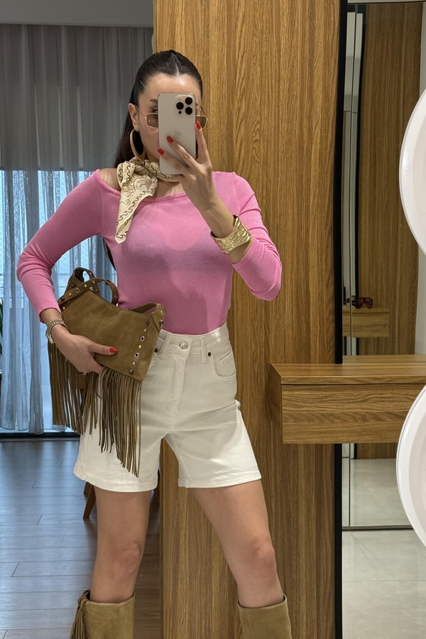 Amelia Pembe Düşük Omuz Transparan Body
