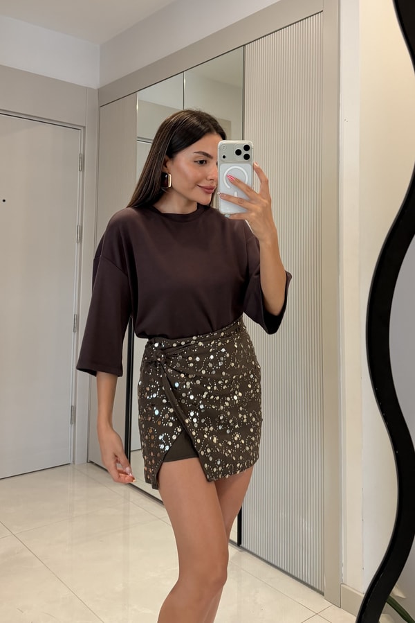 Anastasia Kahve Payetli Şort Etek