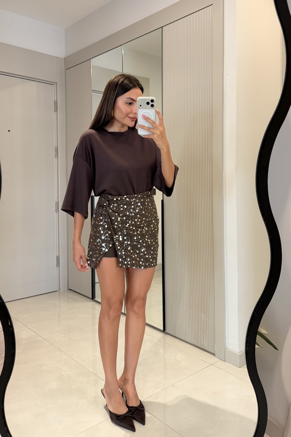 Anastasia Kahve Payetli Şort Etek